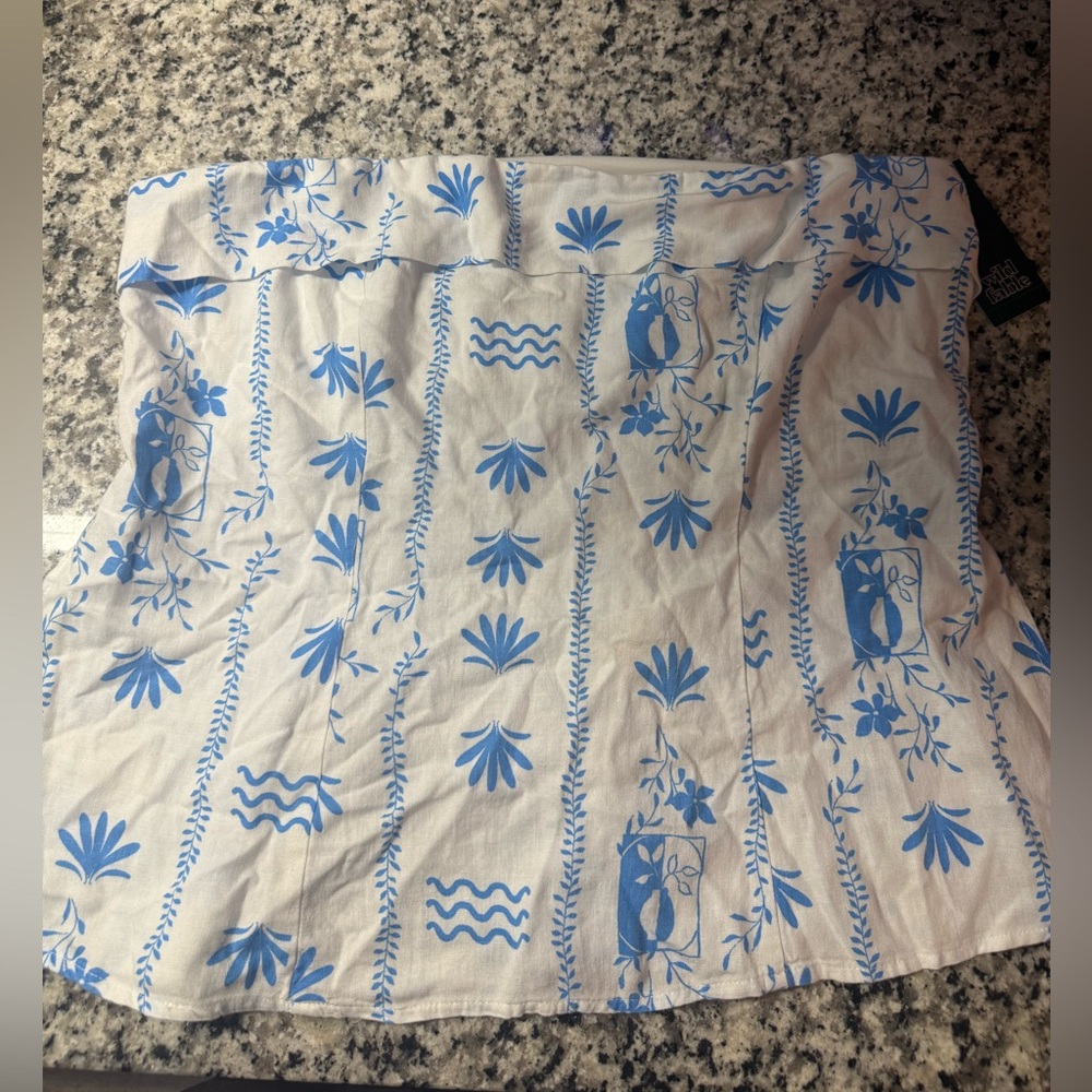 Blue and White Patterned Strapless Top